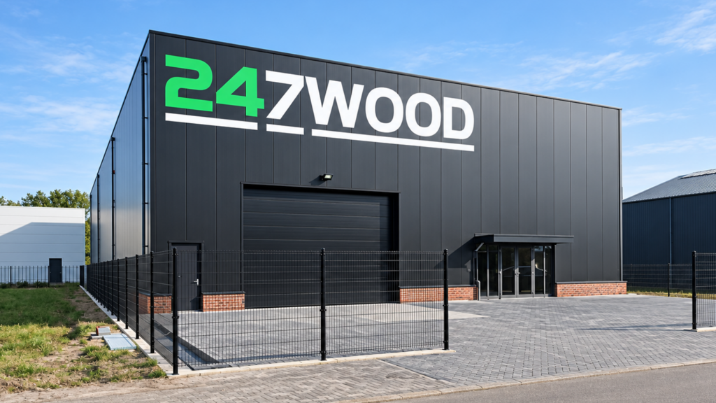 Bedrijfspand van 247WOOD in Nieuwveen met het grote 247WOOD-logo op de gevel.